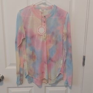 Umgee Pastel Tie-Dye Henley Long Sleeve Top - Pink Blue Yellow Size Small NWT